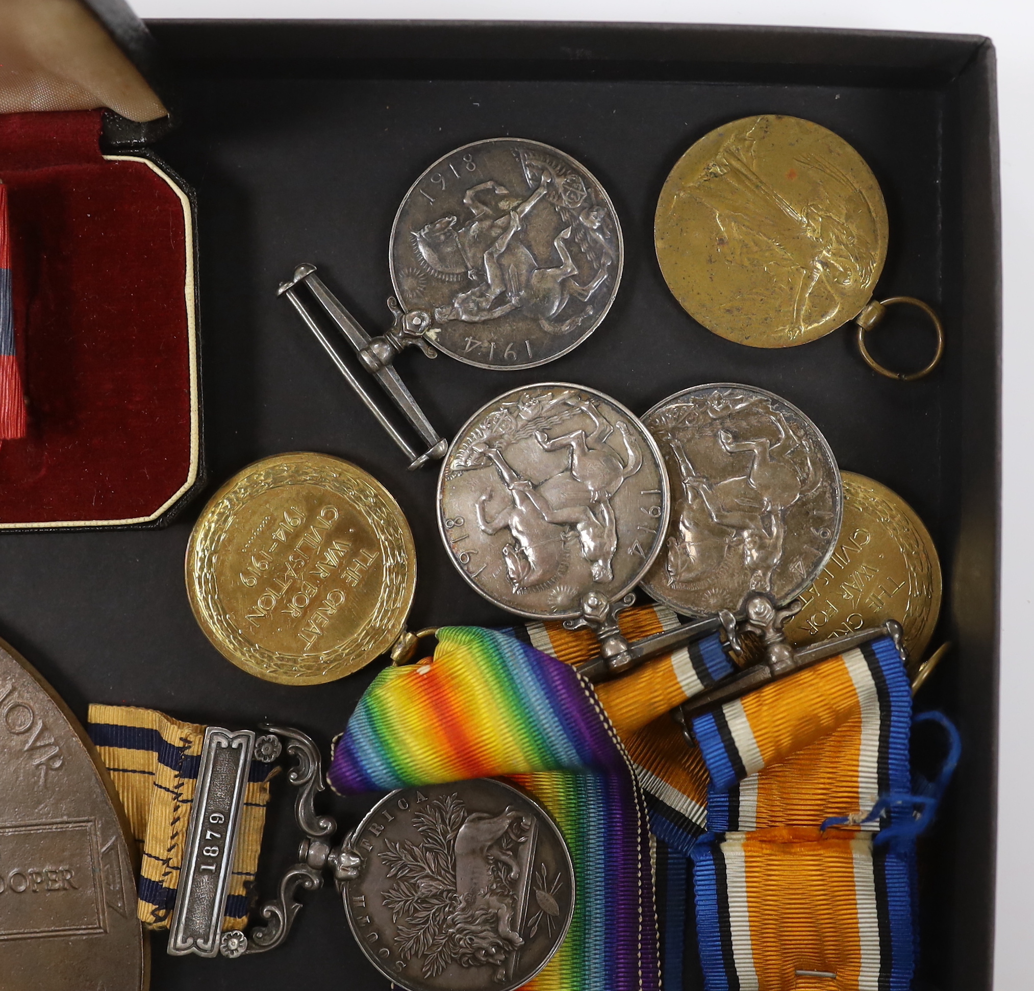 Nine military medals including a Queen’s South Africa medal, 1879, to Cdrpl. John Leslie 3rd Battalion 60th Foot Regiment